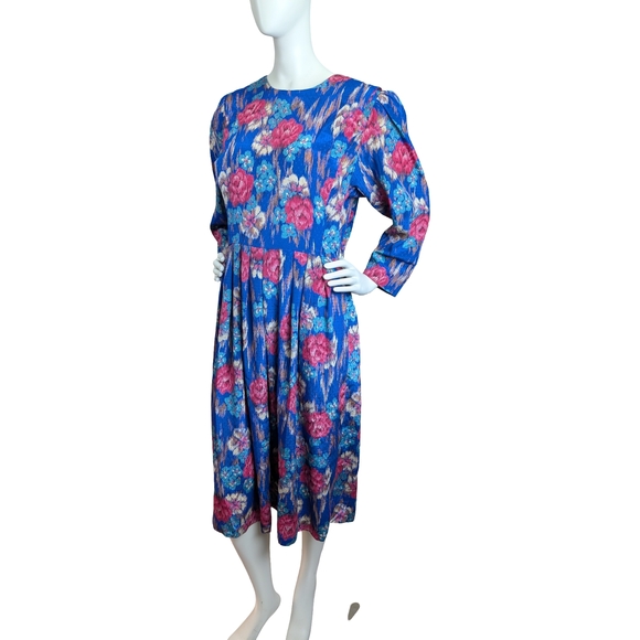 Vintage Union Made Blue Floral Dress | Long Sleeve Midi | Cottagecore, Size S - Picture 5 of 11